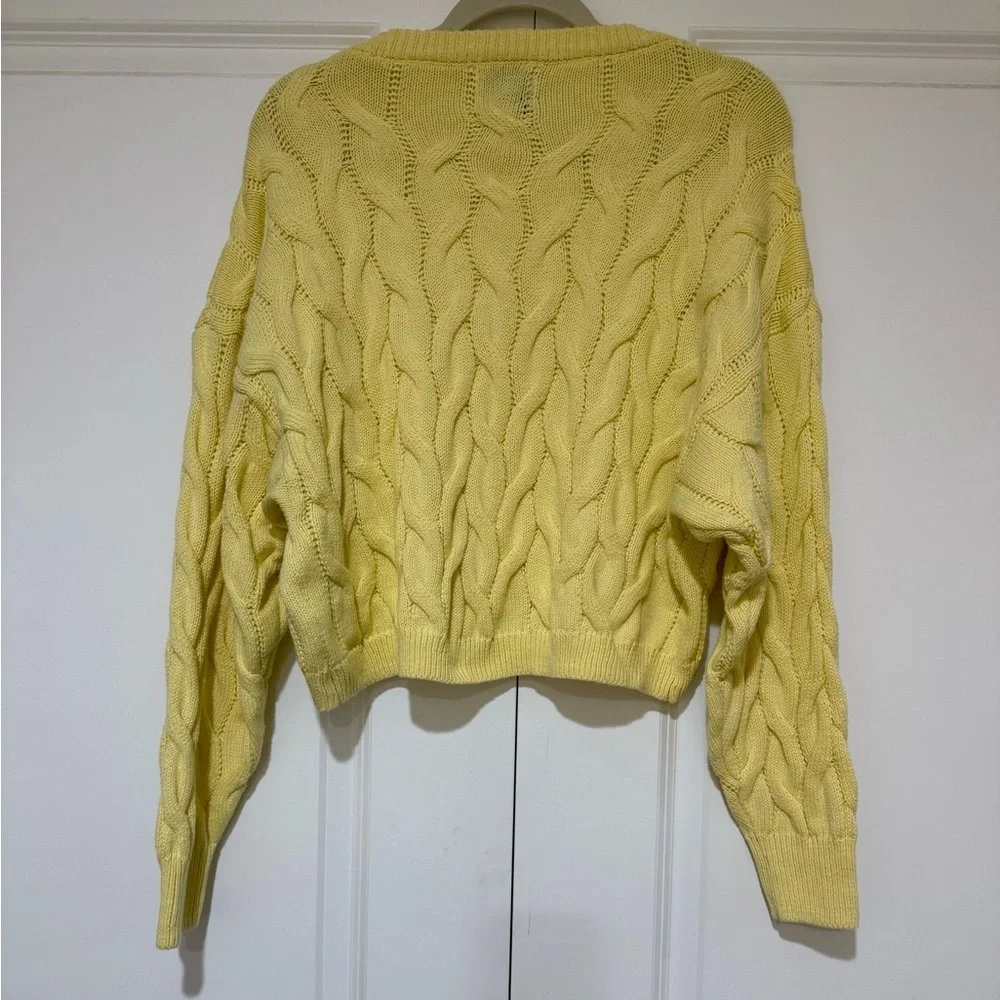 Pink Rose Pale Yellow Cable Knit Cropped Scoop Neck Sweater